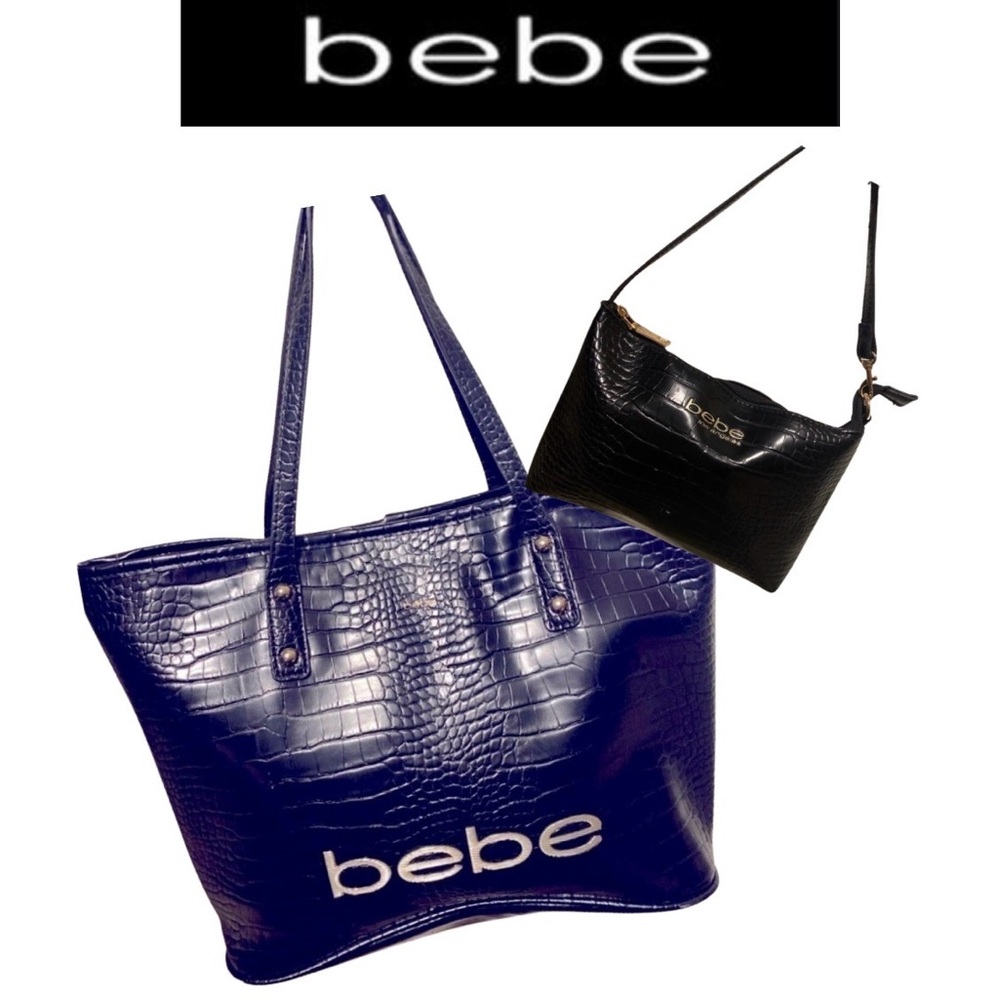BEBE Black Faviola Stamped Croco Tote Purse w/Matching Pouch. EUC